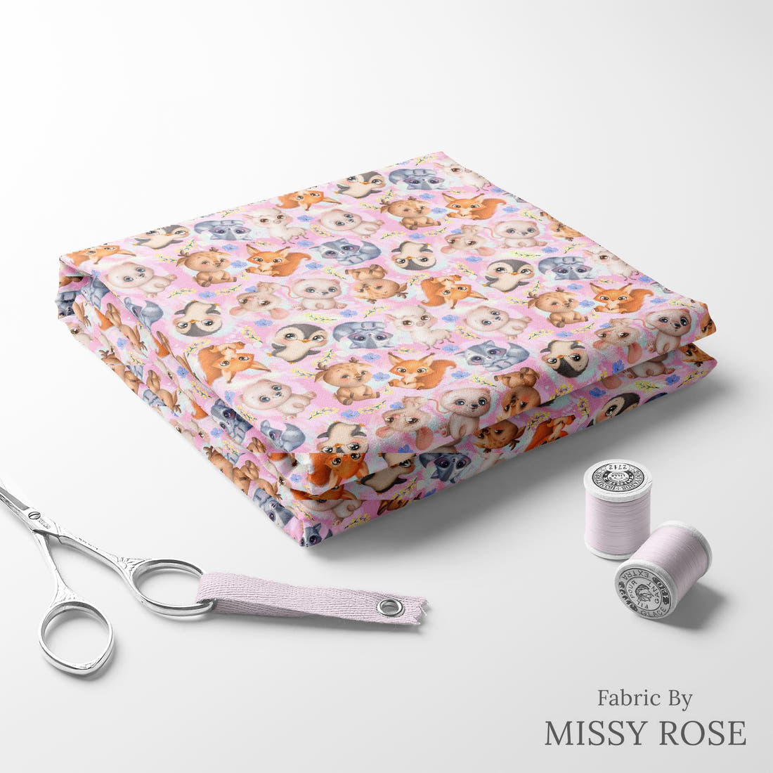 Design 1127 Pink Animals Fabric folded fabric stack with matching thread – pre-order fabric Australia | Fabric by Missy Rose
