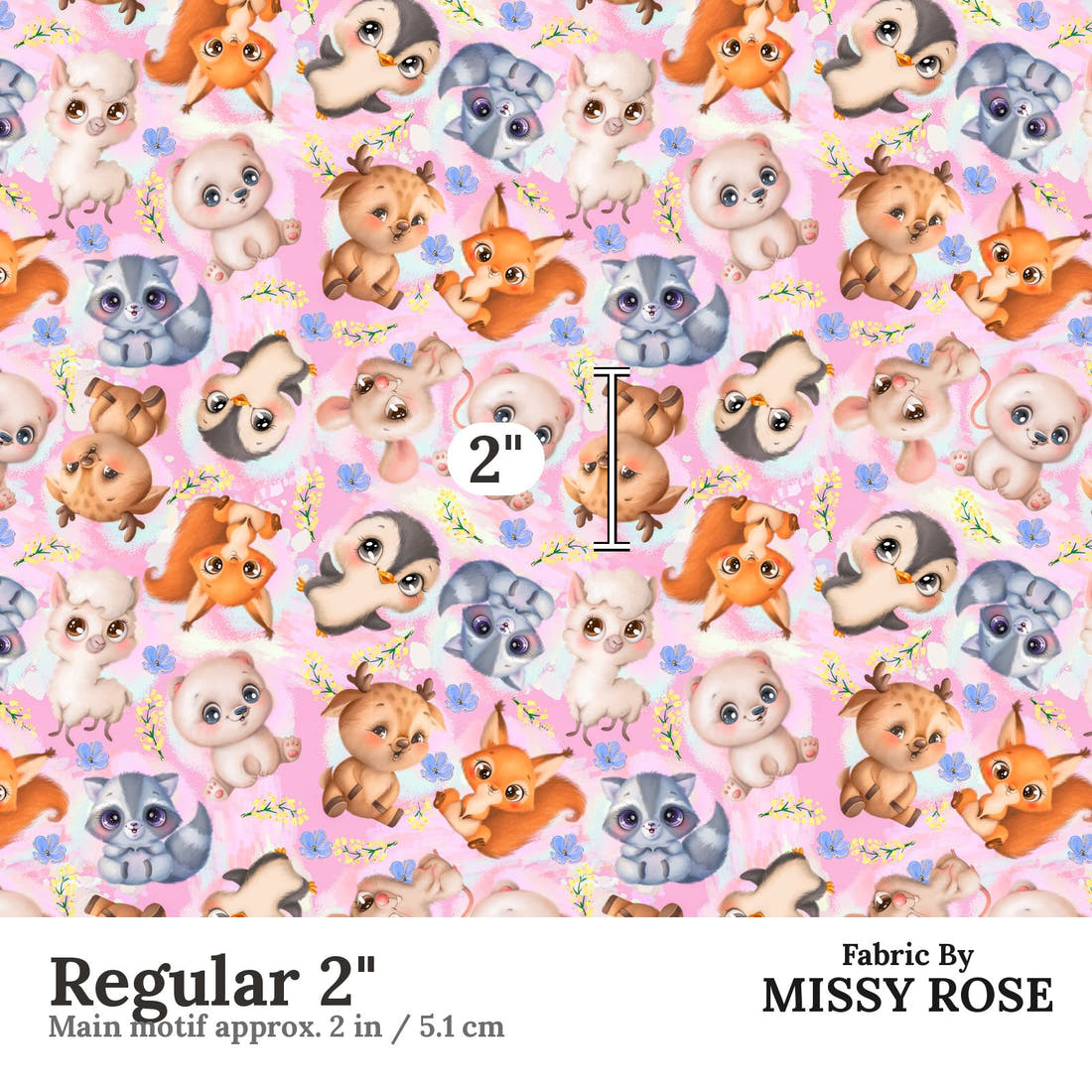 Design 1127 Pink Animals Fabric Regular 2 inch print scale guide | Fabric by Missy Rose