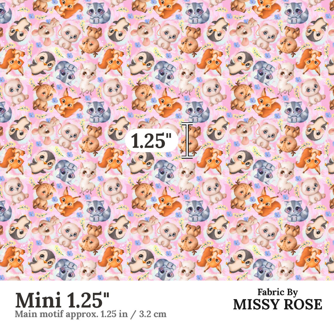Design 1127 Pink Animals Fabric Mini 1.25 inch print scale guide | Fabric by Missy Rose
