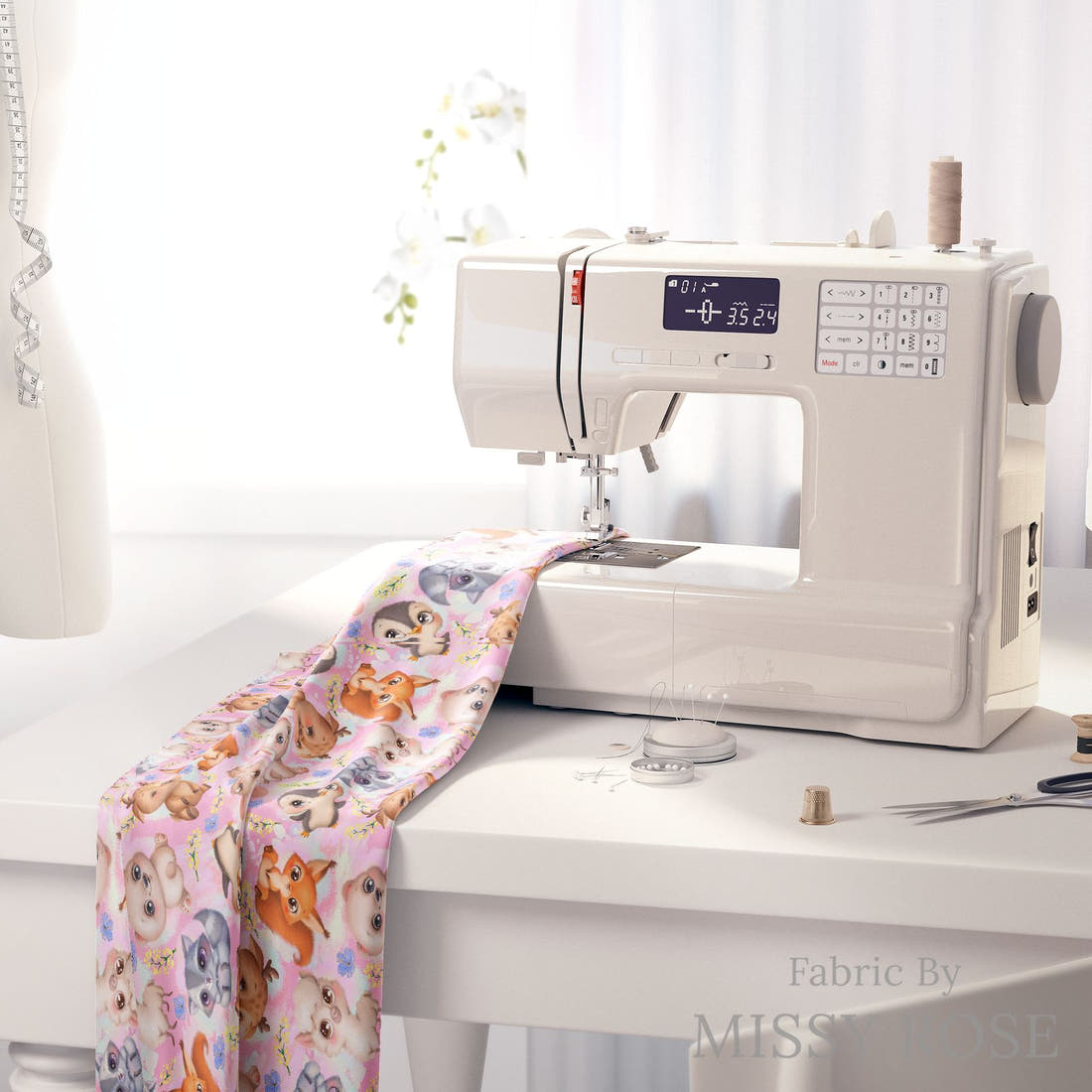 Design 1127 Pink Animals Fabric on a sewing machine – premium fabric for sewing projects | Fabric by Missy Rose