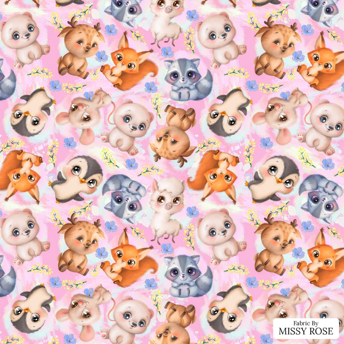 Design 1127 Pink Animals Fabric – flat view of the print, zoom in for detail | Fabric by Missy Rose