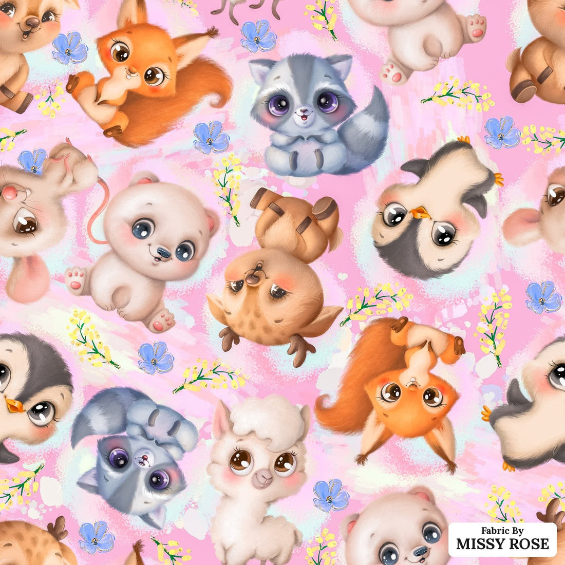 Design 1127 Pink Animals Fabric – flat view of the print, zoom in for detail | Fabric by Missy Rose