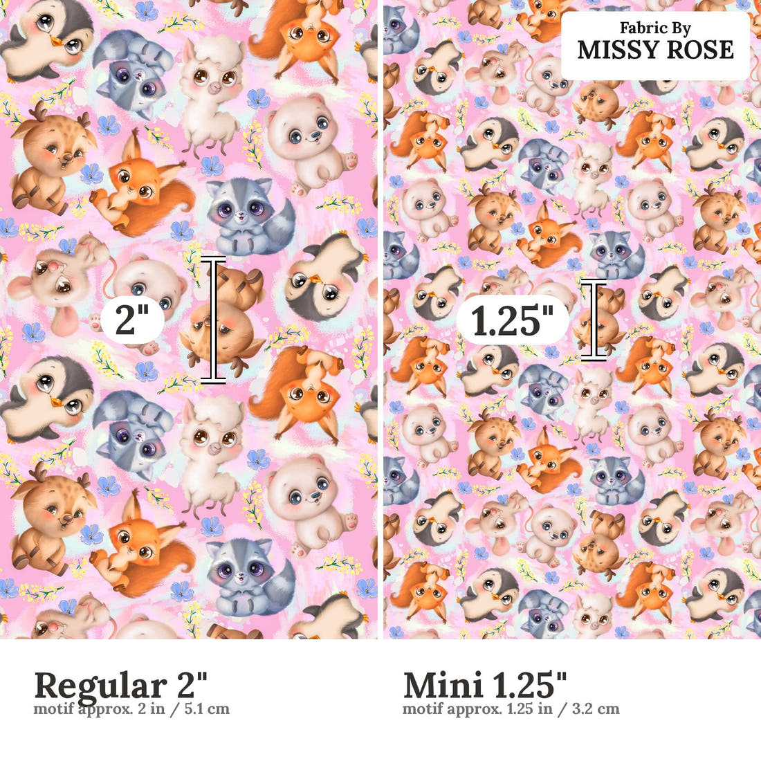 Design 1127 Pink Animals Fabric Regular 2 inch vs Mini 1.25 inch print scale side by side | Fabric by Missy Rose