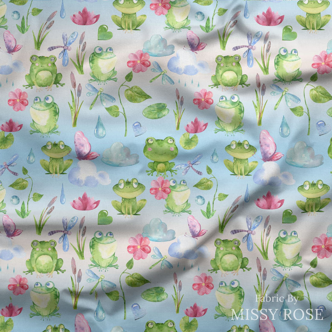 Design 1128 Frog Fabric draped fabric mockup – custom printed fabric by the metre | Fabric by Missy Rose