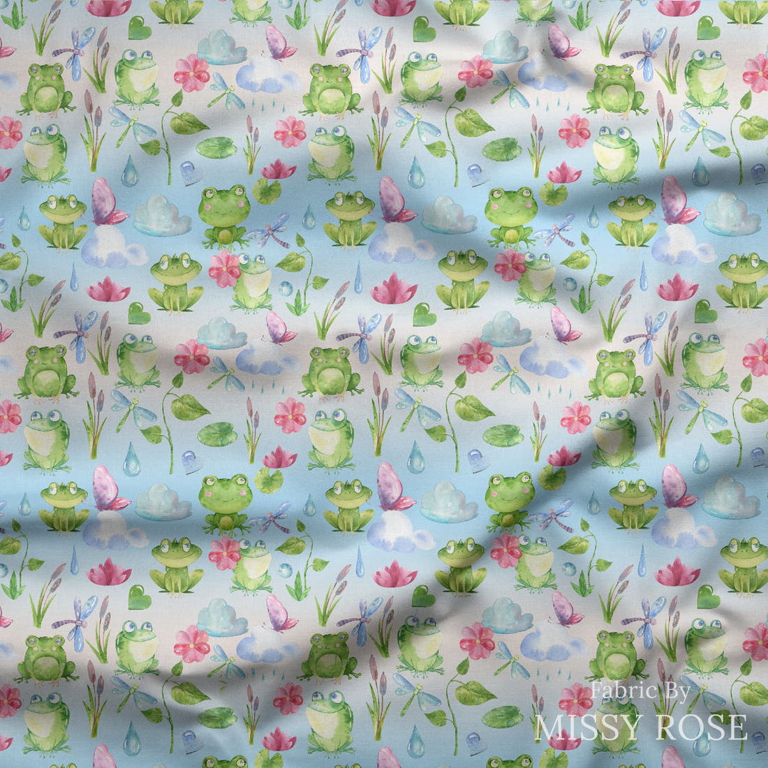 Design 1128 Frog Fabric draped fabric mockup – custom printed fabric by the metre | Fabric by Missy Rose
