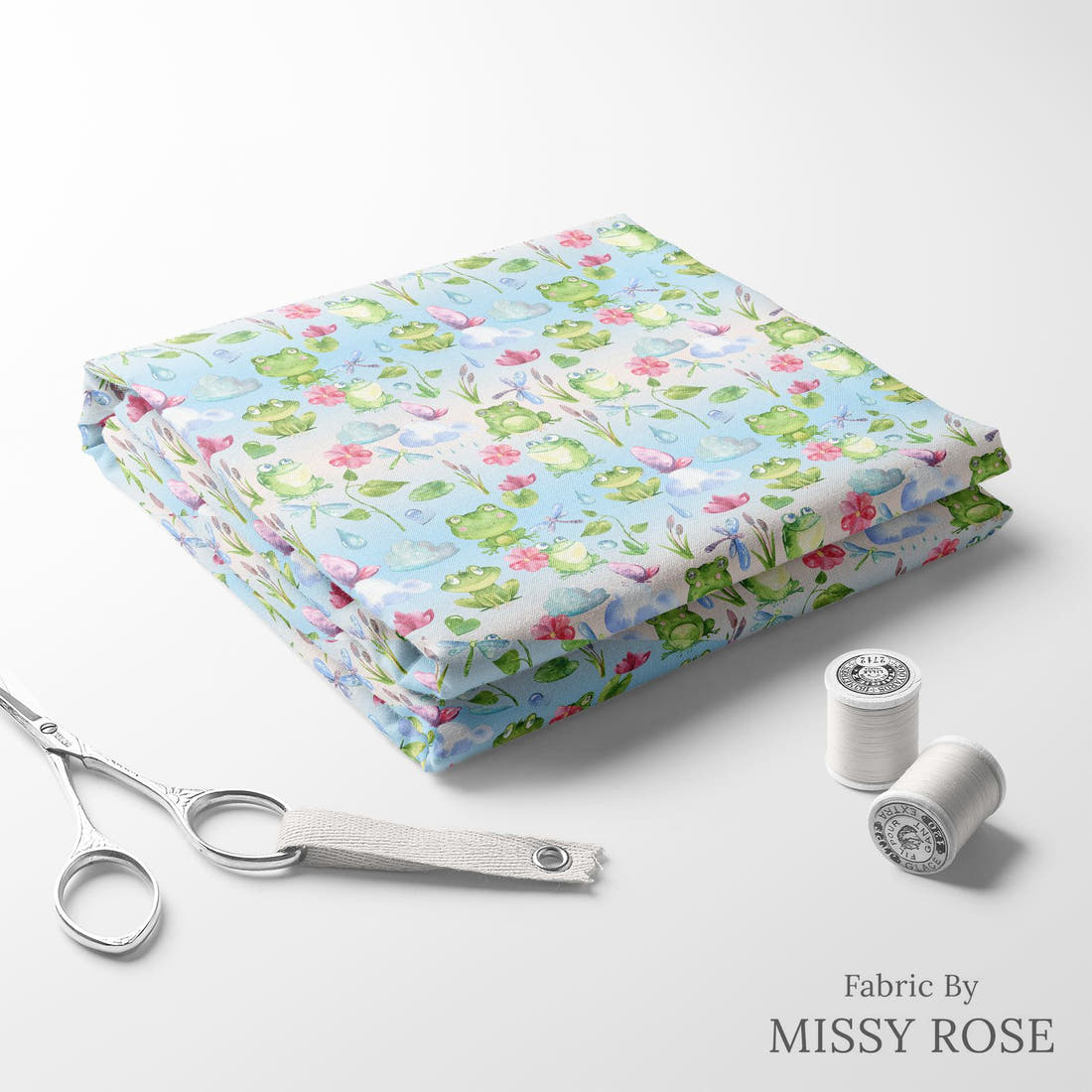 Design 1128 Frog Fabric folded fabric stack with matching thread – pre-order fabric Australia | Fabric by Missy Rose