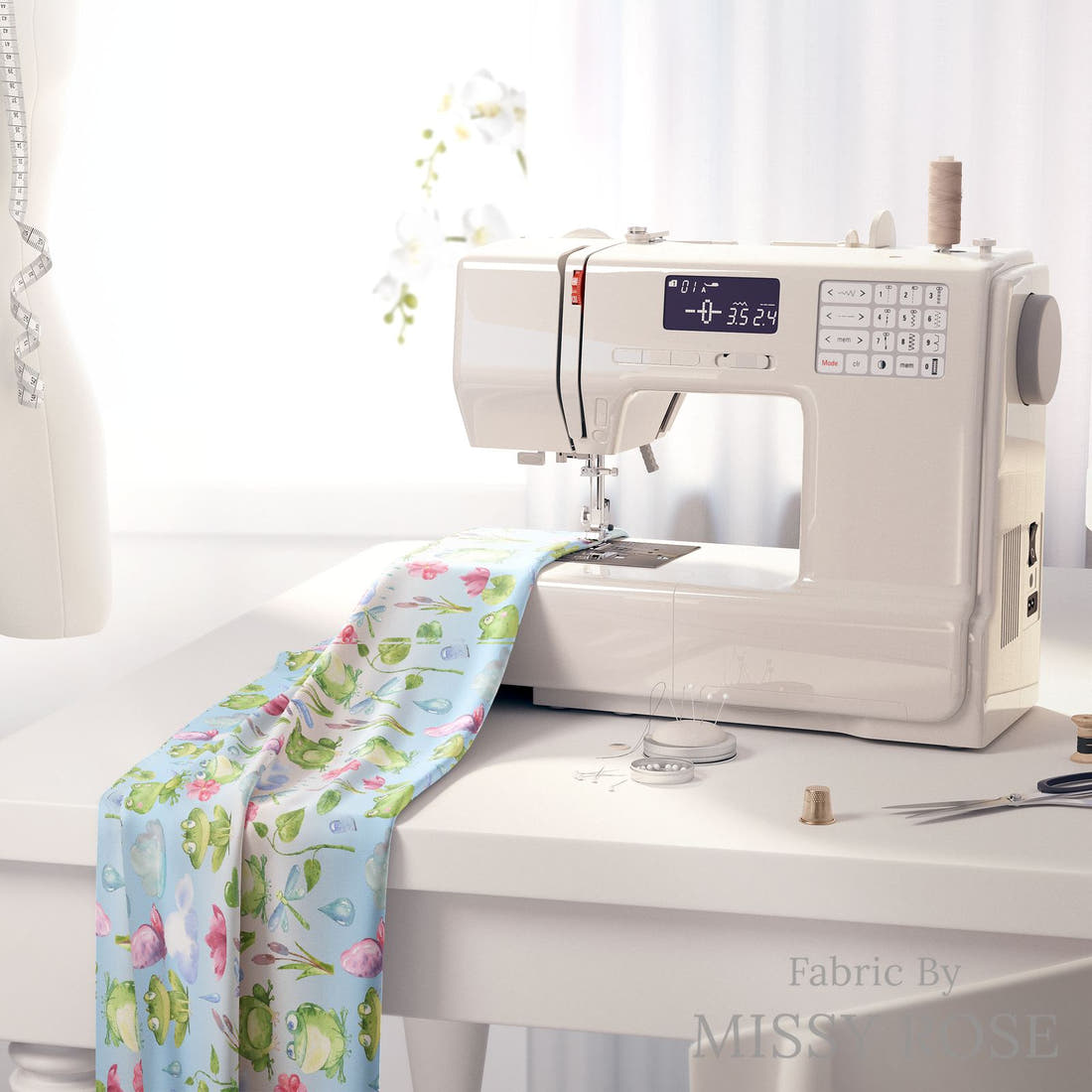 Design 1128 Frog Fabric on a sewing machine – premium fabric for sewing projects | Fabric by Missy Rose