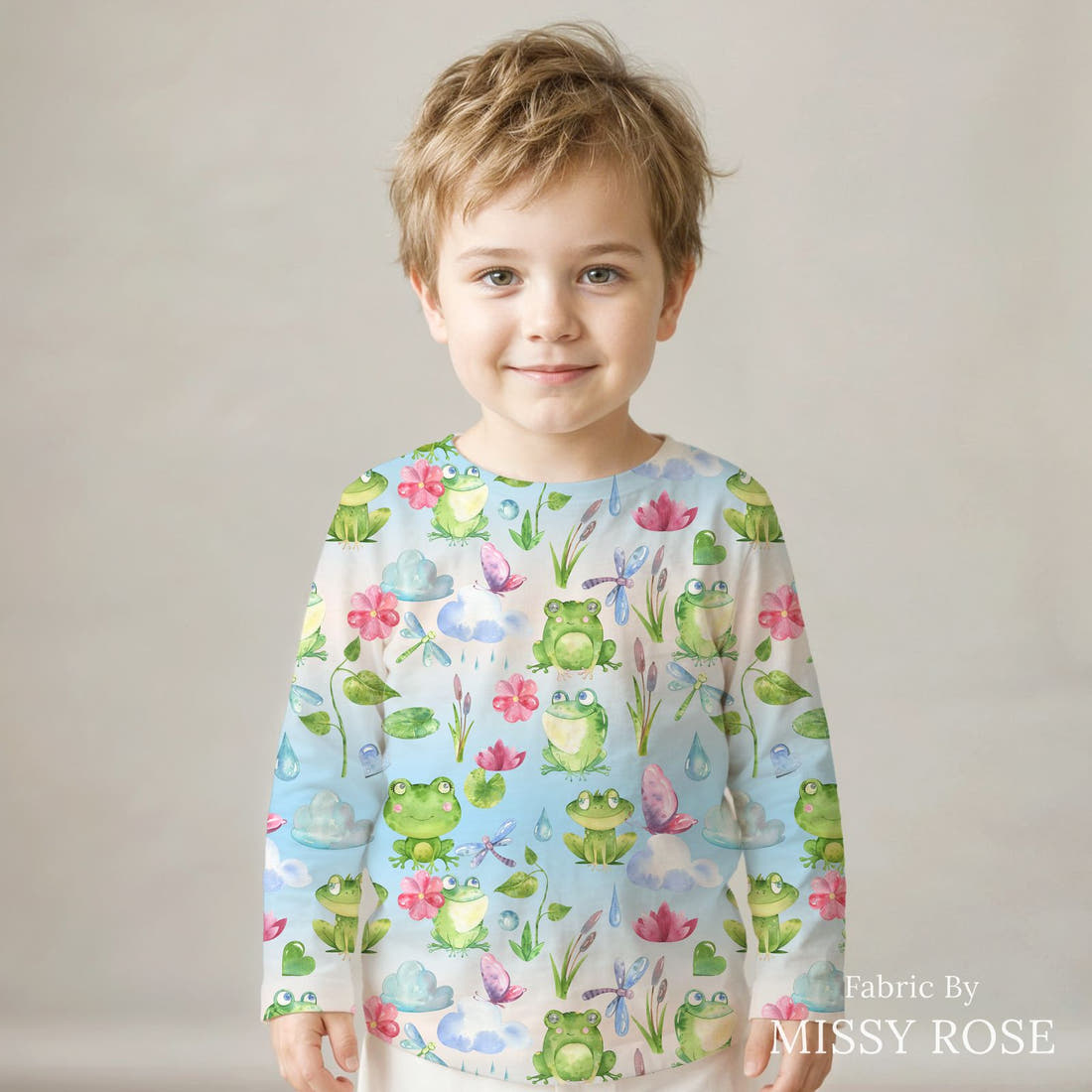 Design 1128 Frog Fabric sewn into a kids' long sleeve top – see how the print looks made up | Fabric by Missy Rose