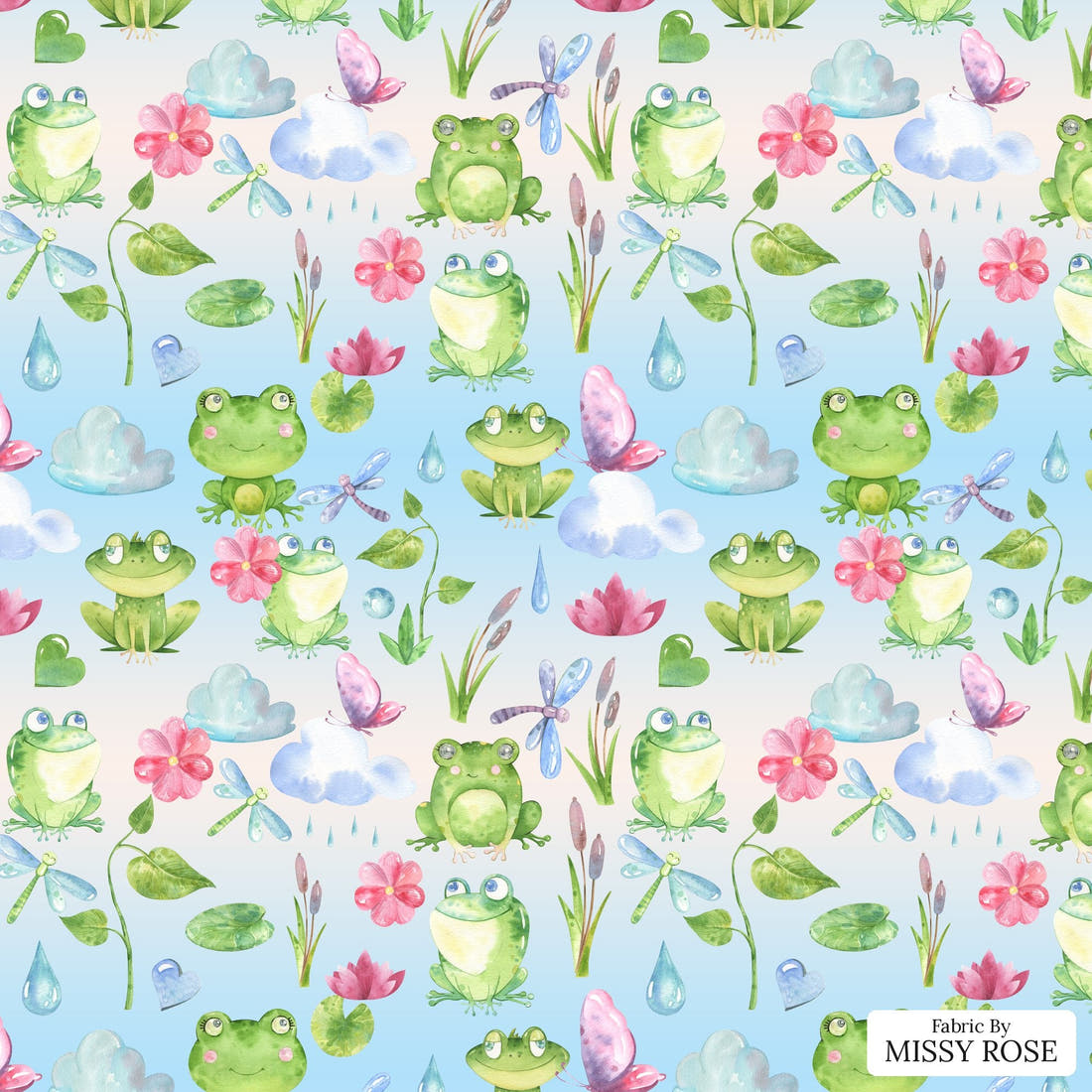 Design 1128 Frog Fabric – flat view of the print, zoom in for detail | Fabric by Missy Rose