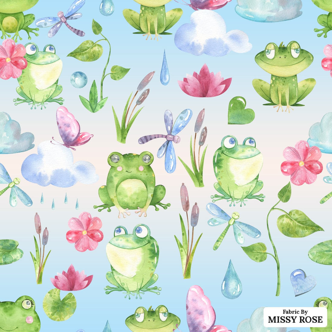Design 1128 Frog Fabric – flat view of the print, zoom in for detail | Fabric by Missy Rose