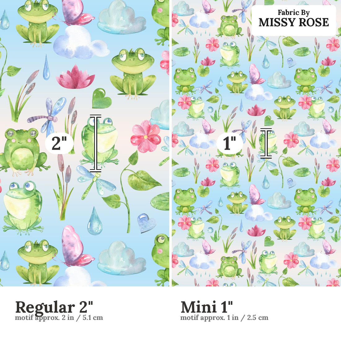 Design 1128 Frog Fabric Regular 2 inch vs Mini 1 inch print scale side by side | Fabric by Missy Rose