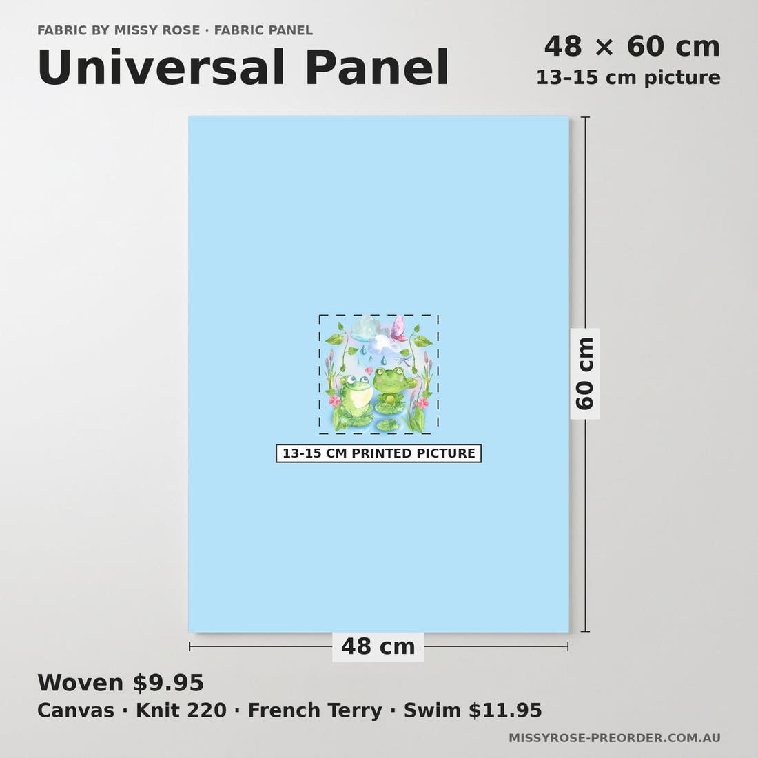 Design 1128 Frog Panel universal panel sizing – 13–15 cm printed picture on 48 × 60 cm fabric | Fabric by Missy Rose