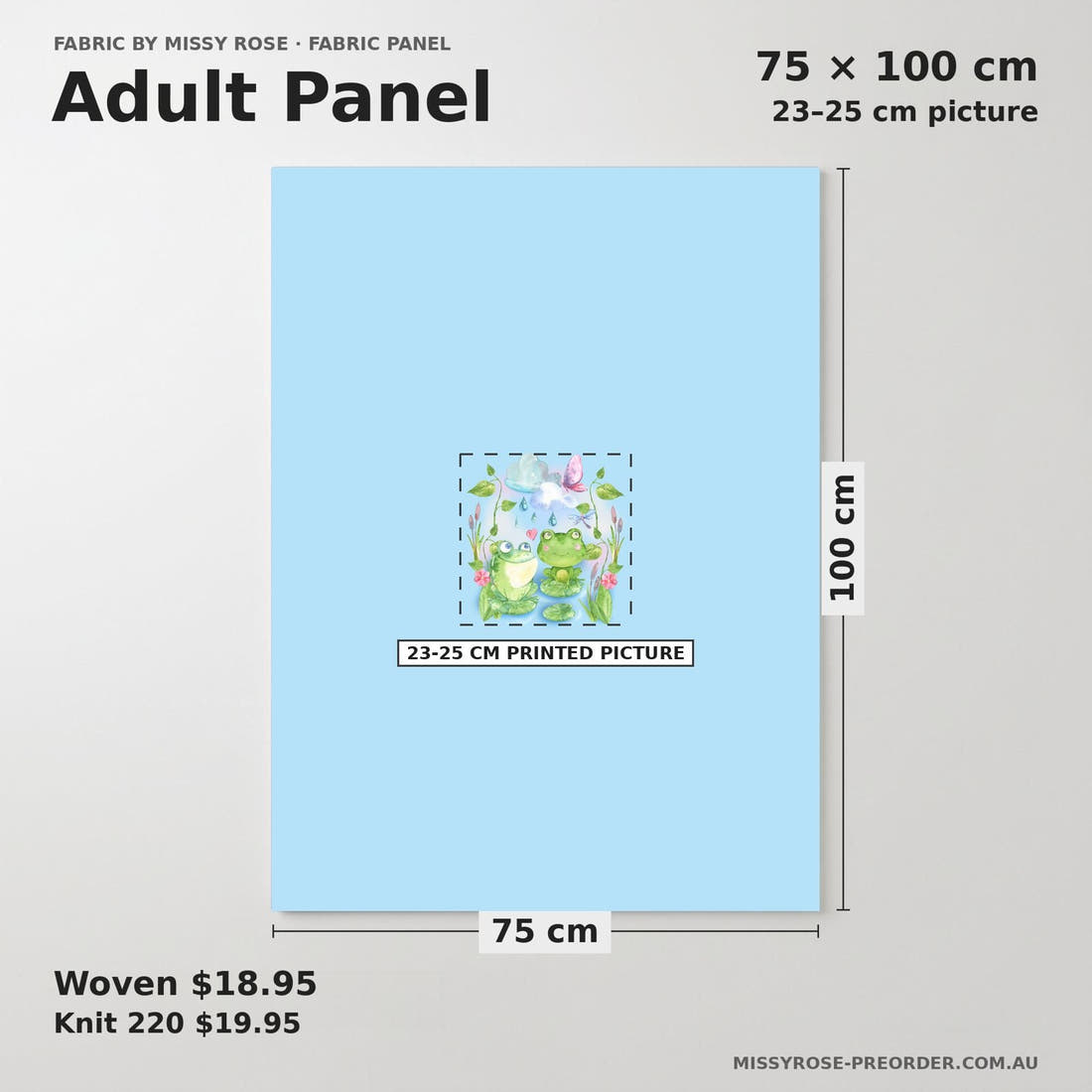 Design 1128 Frog Panel adult panel sizing – 23–25 cm printed picture on 75 × 100 cm fabric | Fabric by Missy Rose
