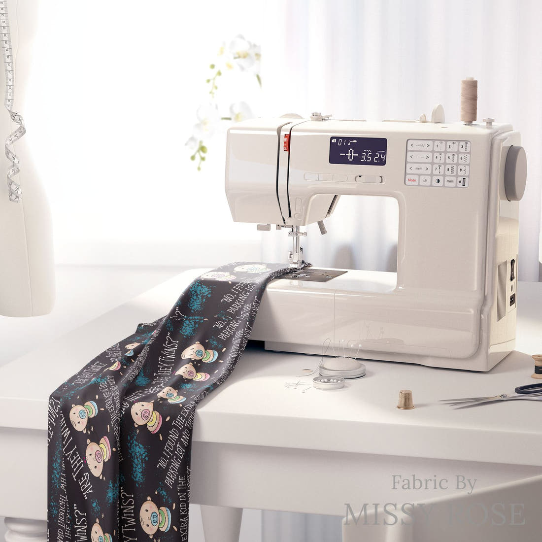 Design 1129 Twins Fabric on a sewing machine – premium fabric for sewing projects | Fabric by Missy Rose