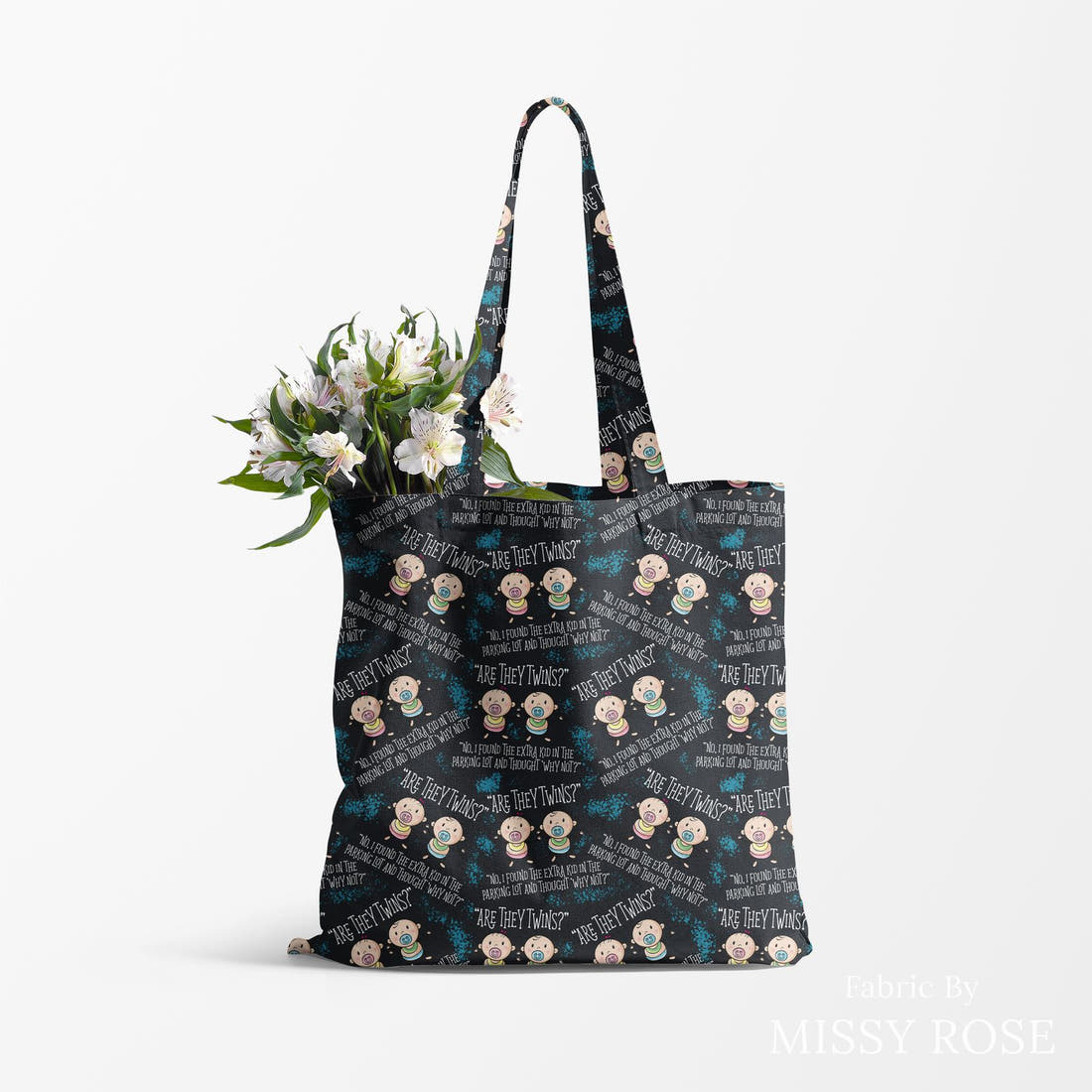 Design 1129 Twins Fabric made up as a tote bag – see how the print looks made up | Fabric by Missy Rose