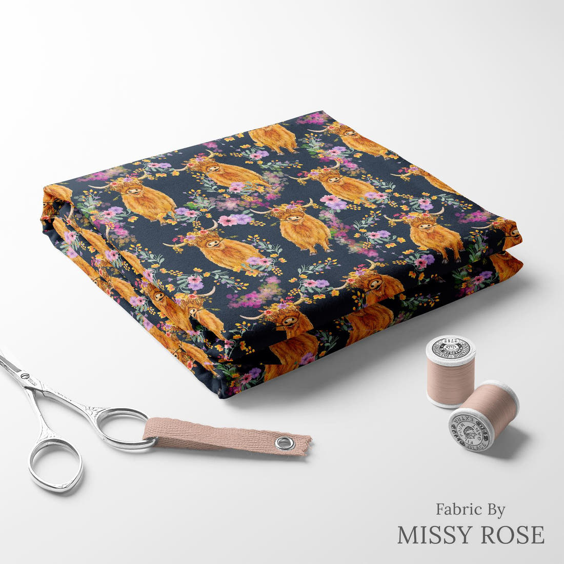Design 113 Navy Highland Fabric folded fabric stack with matching thread – pre-order fabric Australia | Fabric by Missy Rose