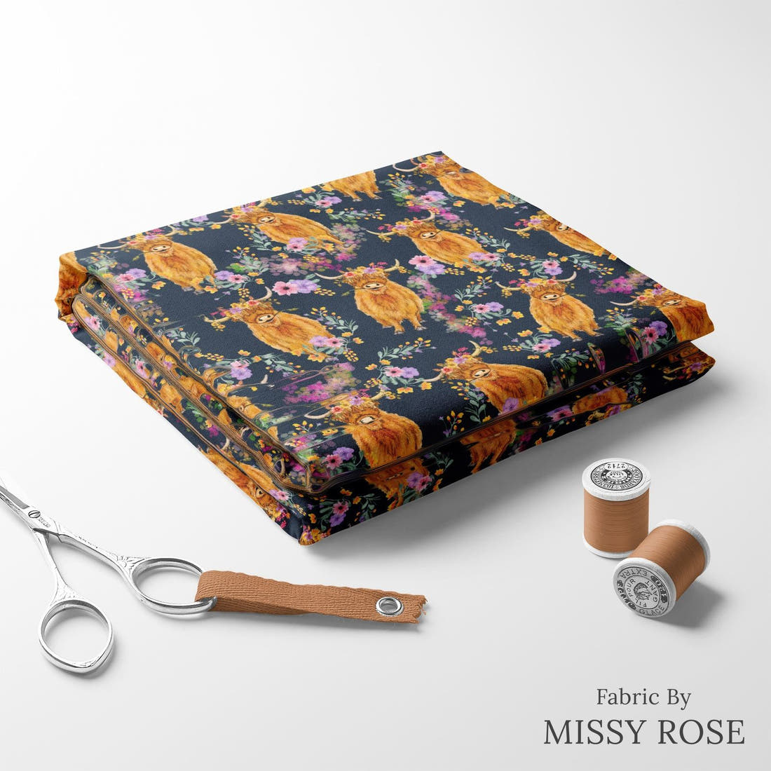 Design 113 Navy Highland Fabric folded fabric stack with matching thread – pre-order fabric Australia | Fabric by Missy Rose