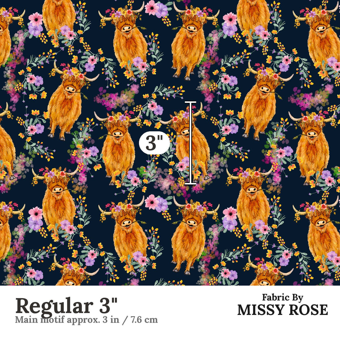 Design 113 Navy Highland Fabric Regular 3" - print scale | Fabric by Missy Rose