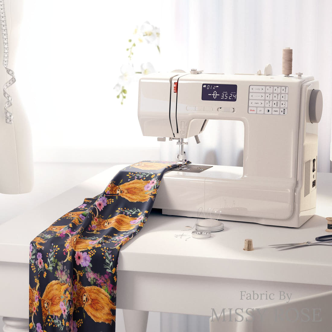 Design 113 Navy Highland Fabric on a sewing machine – premium fabric for sewing projects | Fabric by Missy Rose