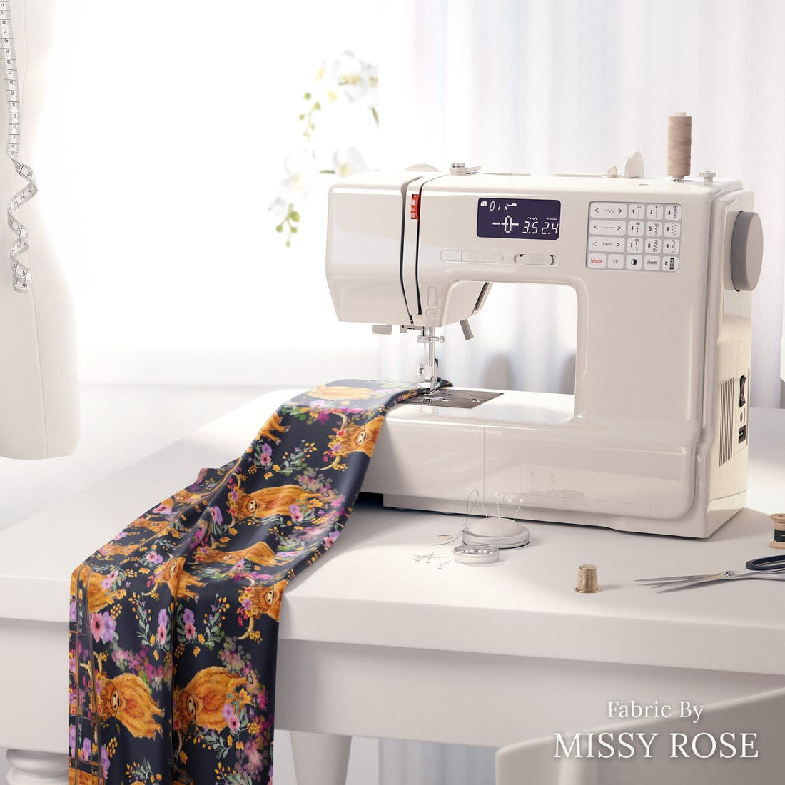 Design 113 Navy Highland Fabric on a sewing machine – premium fabric for sewing projects | Fabric by Missy Rose