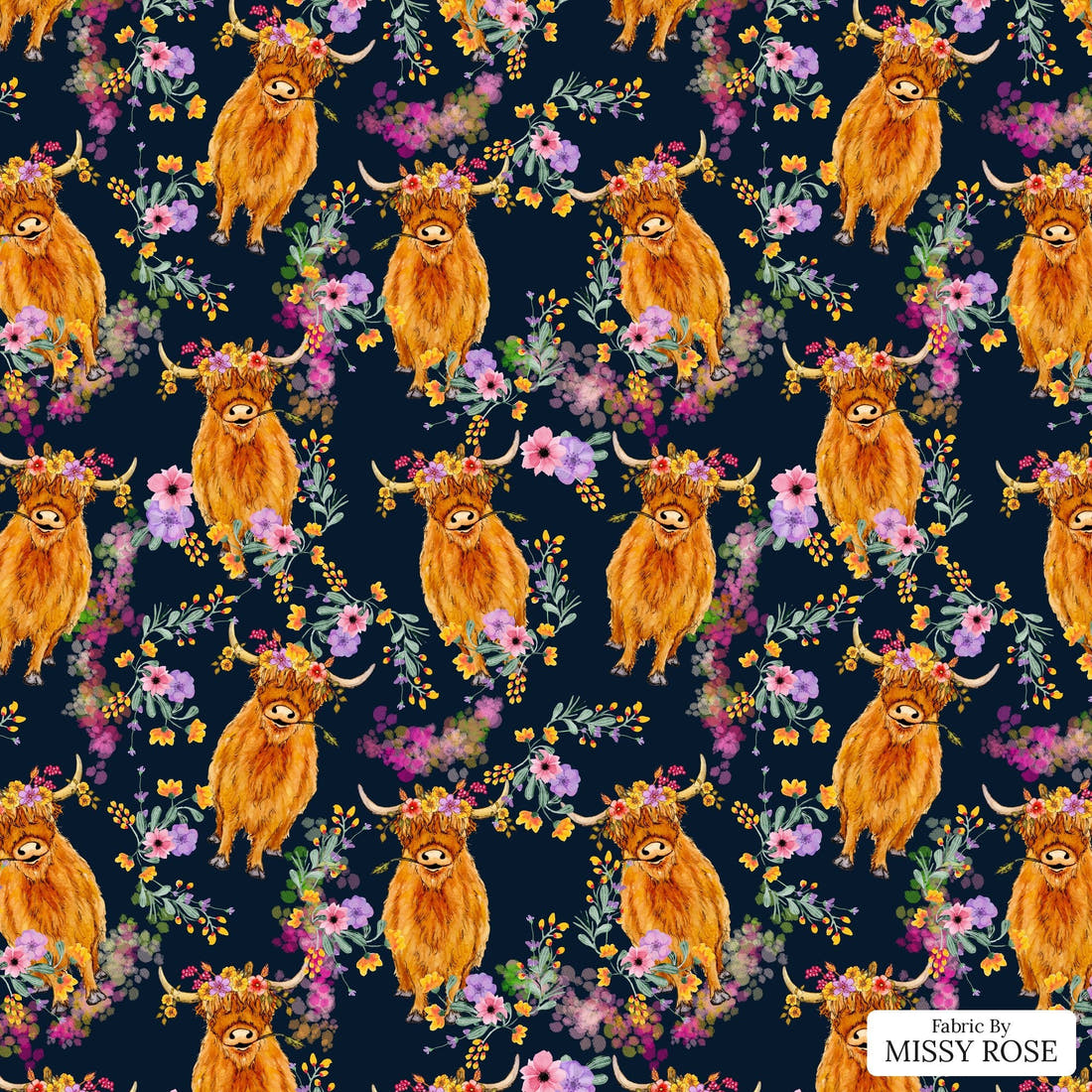 Design 113 Navy Highland Fabric - flat view of the print, zoom in for detail | Fabric by Missy Rose