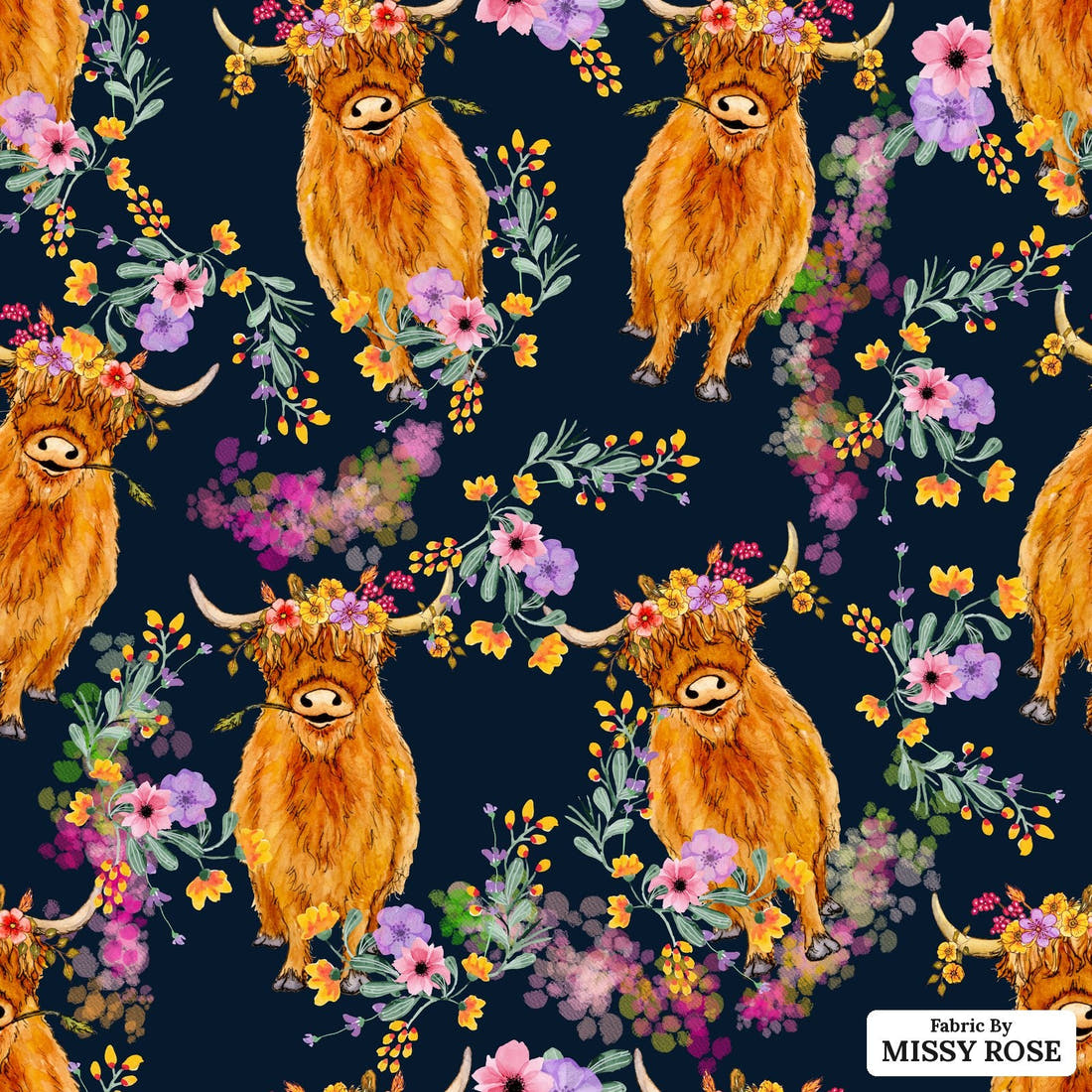 Design 113 Navy Highland Fabric - flat view of the print, zoom in for detail | Fabric by Missy Rose
