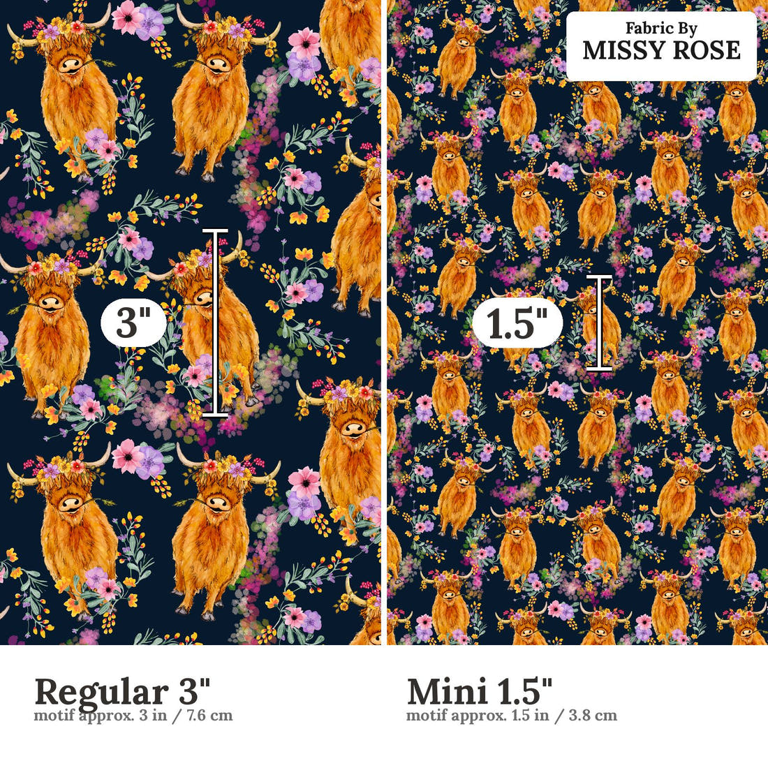 Design 113 Navy Highland Fabric size comparison - print scale | Fabric by Missy Rose