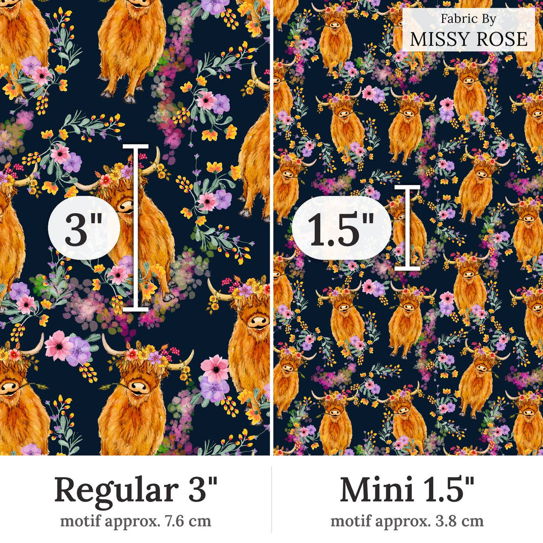 Design 113 Navy Highland Fabric Regular 3 inch vs Mini 1.5 inch print scale side by side | Fabric by Missy Rose