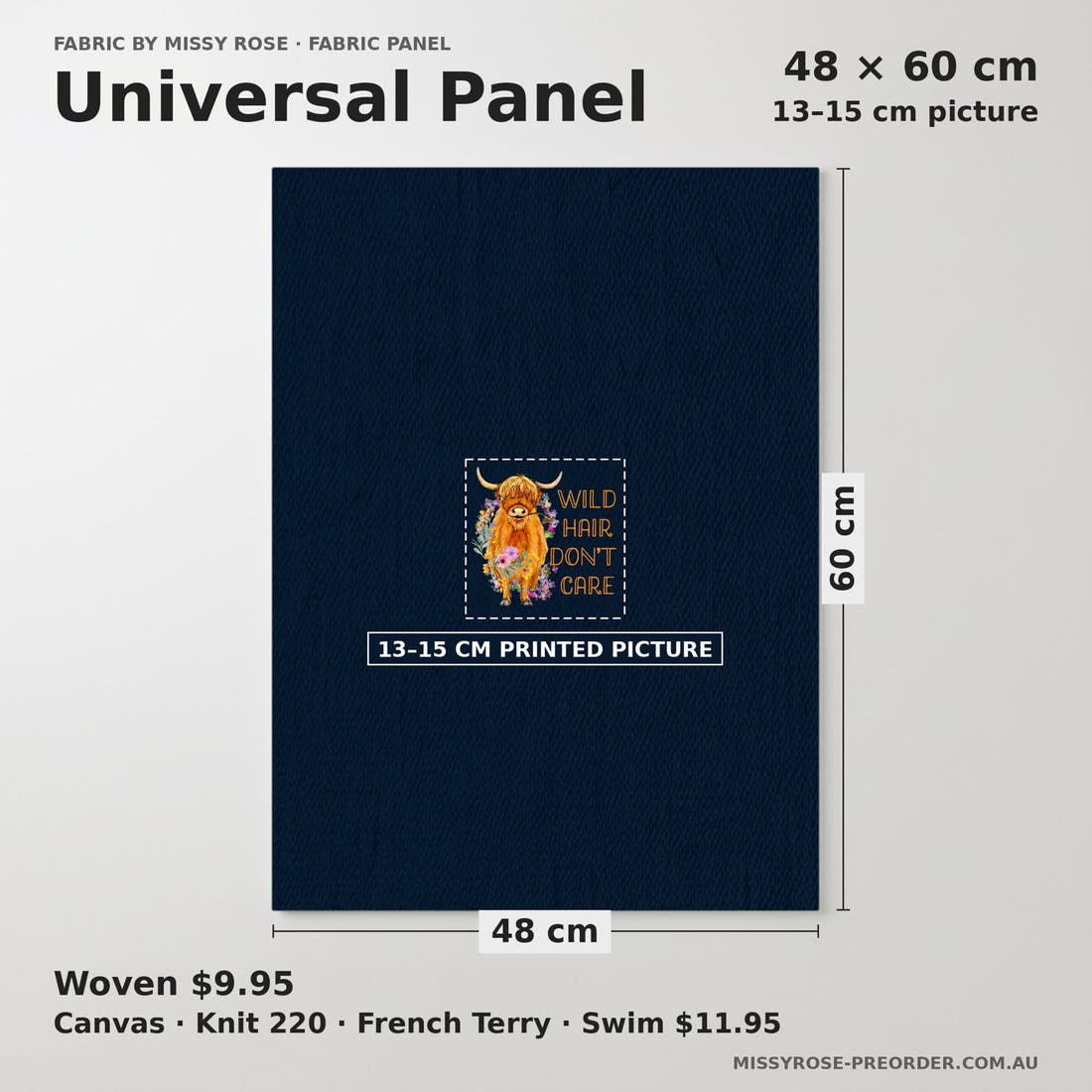 Design 113 Navy Highland Panel universal panel sizing – 13–15 cm printed picture on 48 × 60 cm fabric | Fabric by Missy Rose