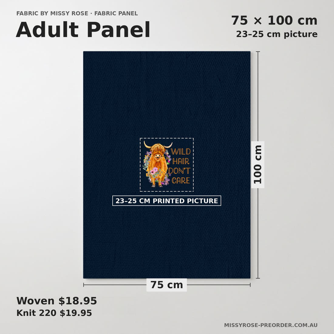 Design 113 Navy Highland Panel adult panel sizing – 23–25 cm printed picture on 75 × 100 cm fabric | Fabric by Missy Rose