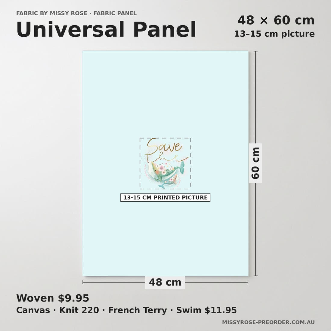 Design 1130 Whale Panel universal panel sizing – 13–15 cm printed picture on 48 × 60 cm fabric | Fabric by Missy Rose