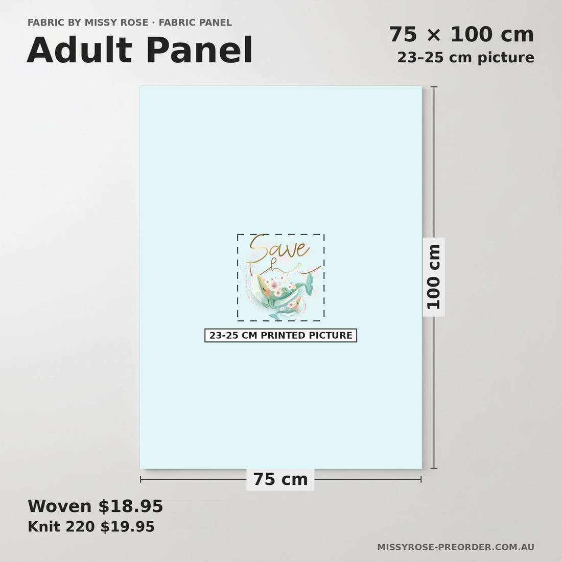 Design 1130 Whale Panel adult panel sizing – 23–25 cm printed picture on 75 × 100 cm fabric | Fabric by Missy Rose