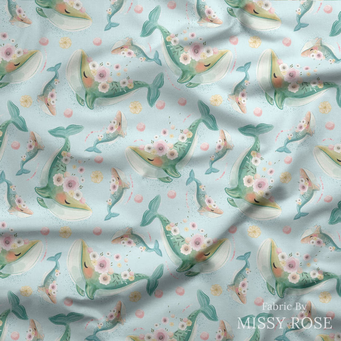 Design 1130 Whale Fabric draped fabric mockup – custom printed fabric by the metre | Fabric by Missy Rose