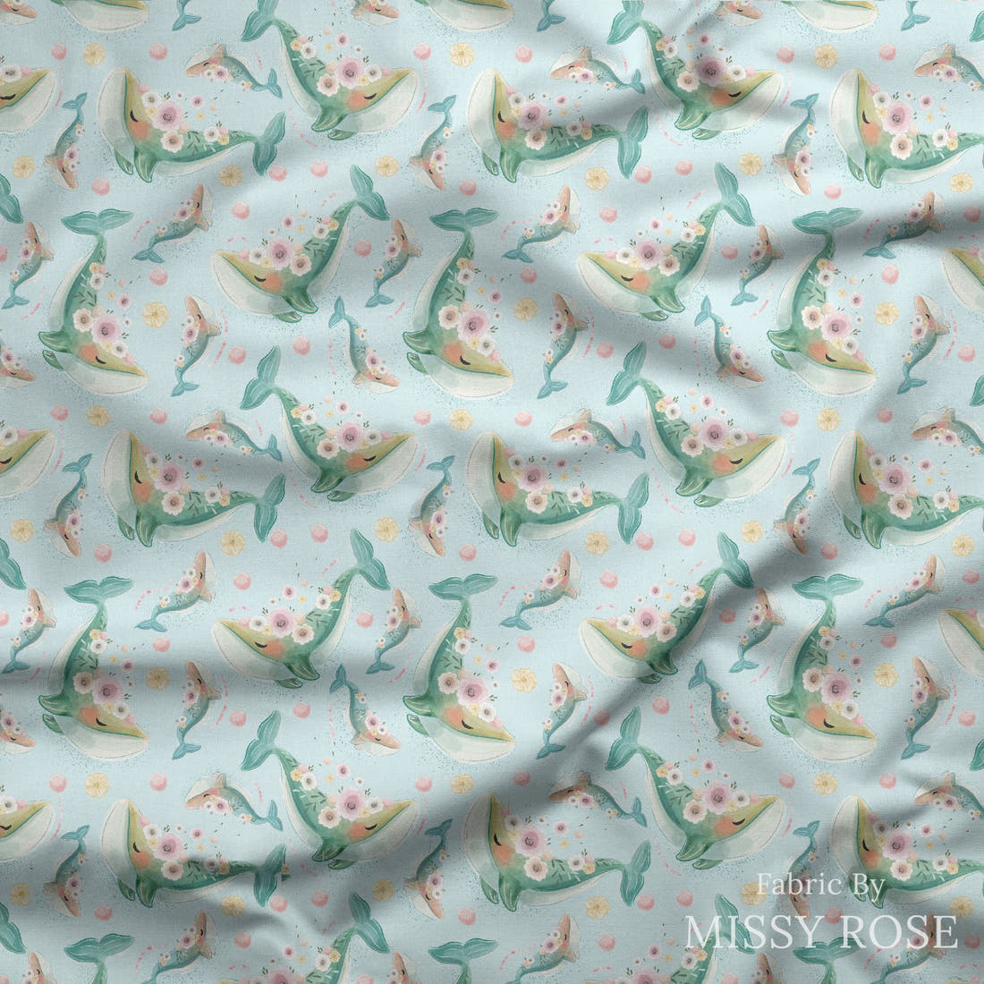 Design 1130 Whale Fabric draped fabric mockup – custom printed fabric by the metre | Fabric by Missy Rose