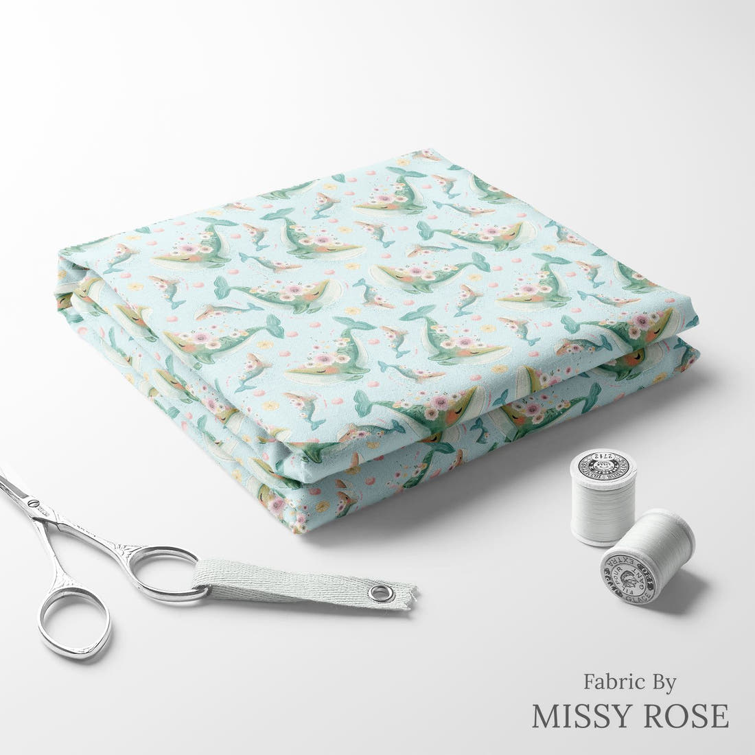 Design 1130 Whale Fabric folded fabric stack with matching thread – pre-order fabric Australia | Fabric by Missy Rose