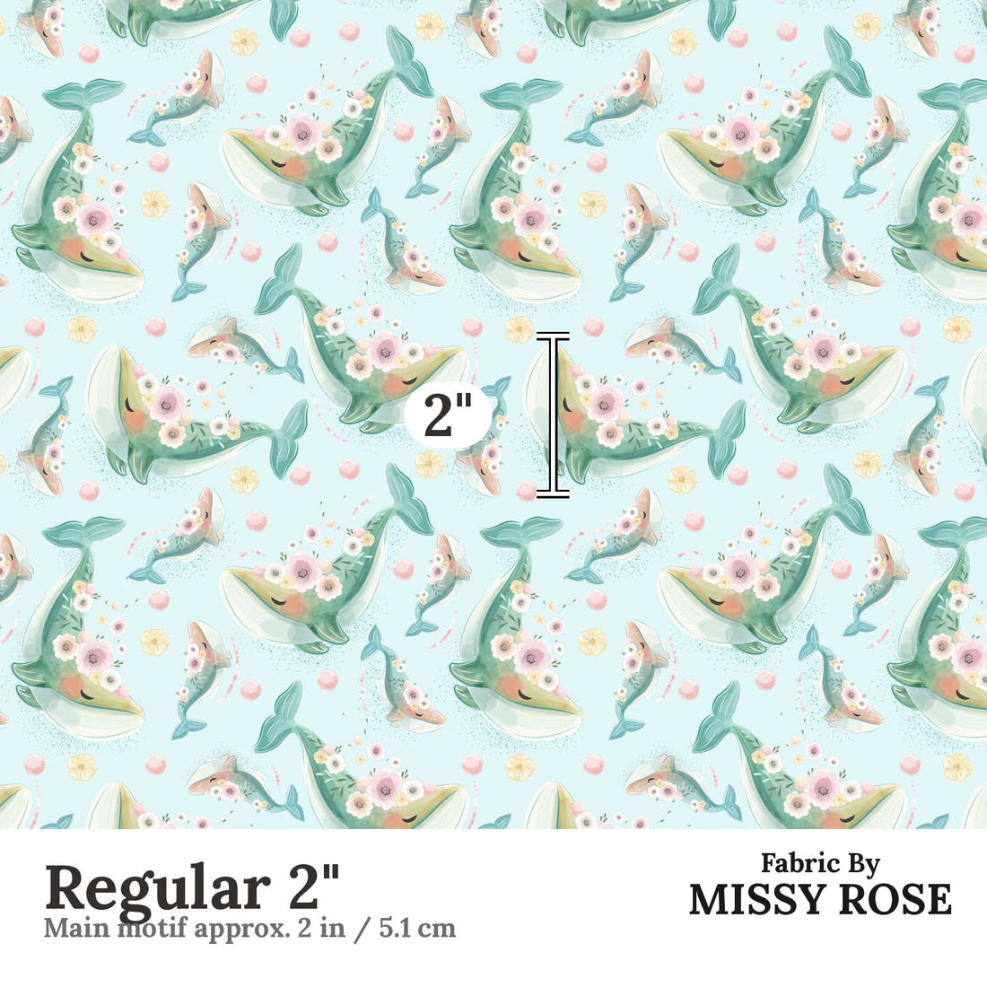 Design 1130 Whale Fabric Regular 2 inch print scale guide | Fabric by Missy Rose