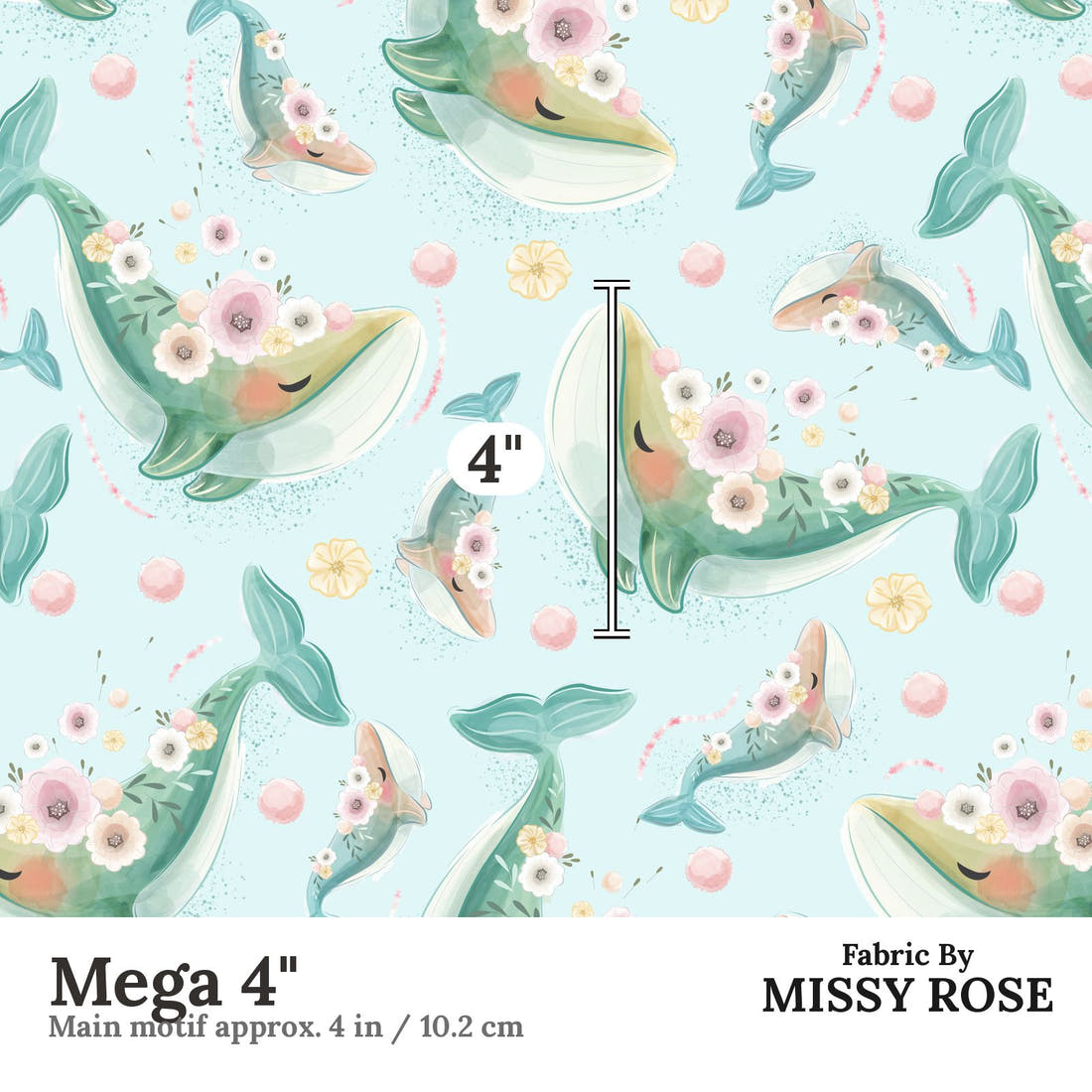 Design 1130 Whale Fabric Mega 4 inch print scale guide | Fabric by Missy Rose
