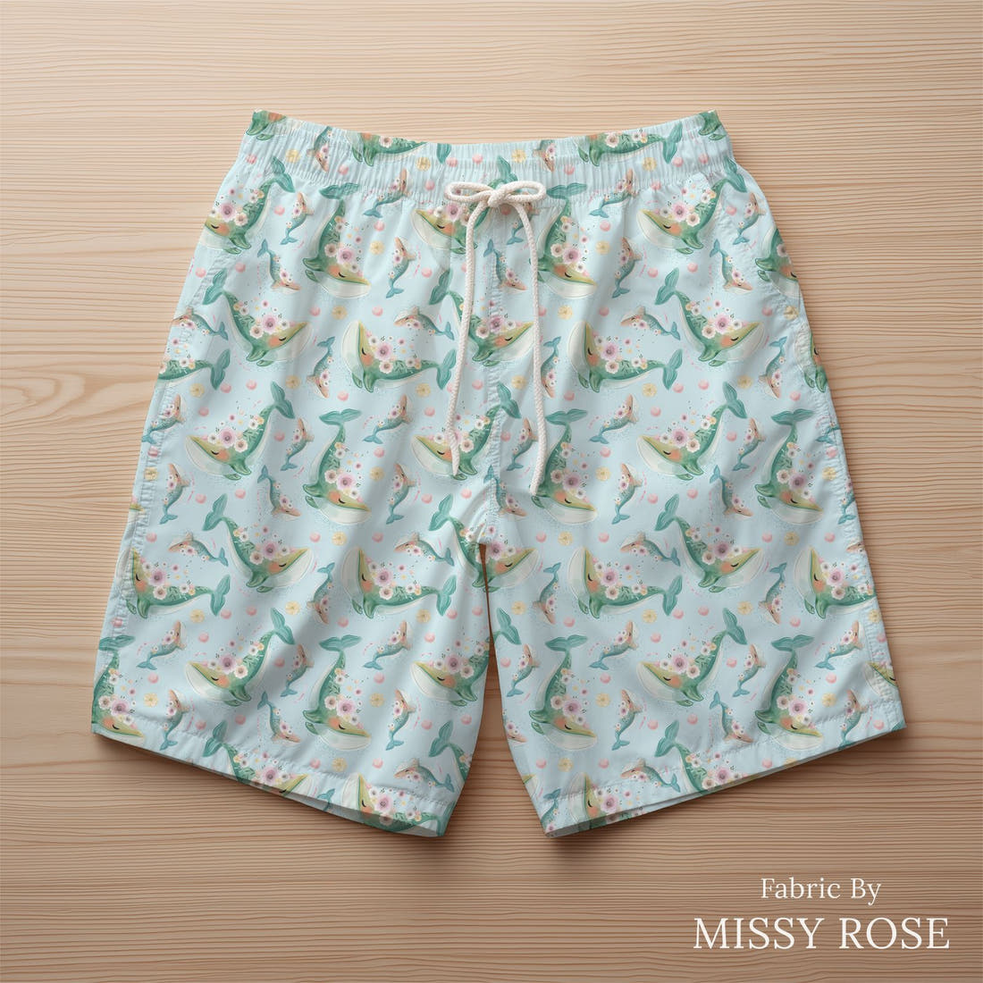 Design 1130 Whale Fabric sewn into swim shorts – see how the print looks made up | Fabric by Missy Rose