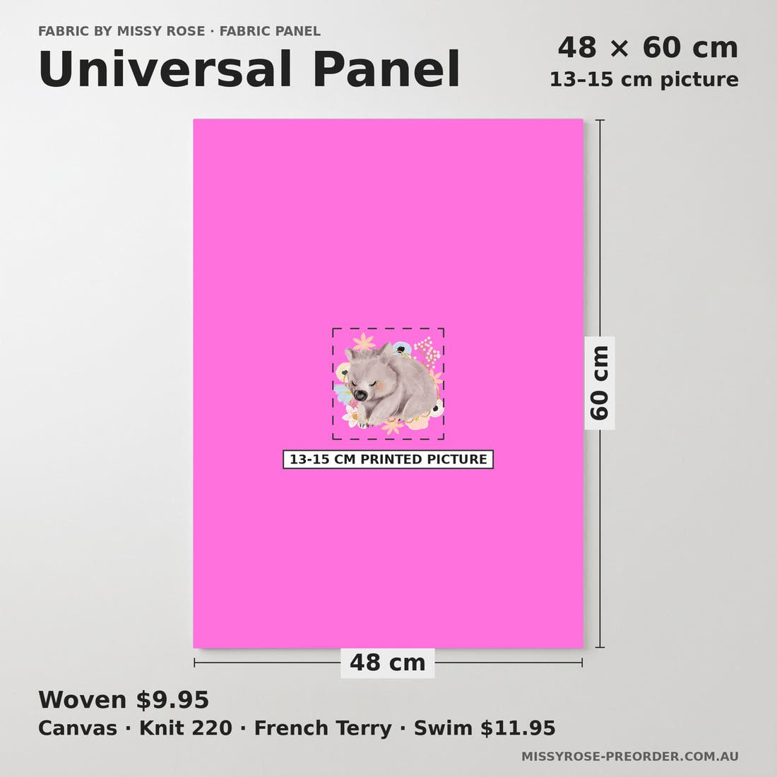 Design 1131 Wombat Panel universal panel sizing – 13–15 cm printed picture on 48 × 60 cm fabric | Fabric by Missy Rose