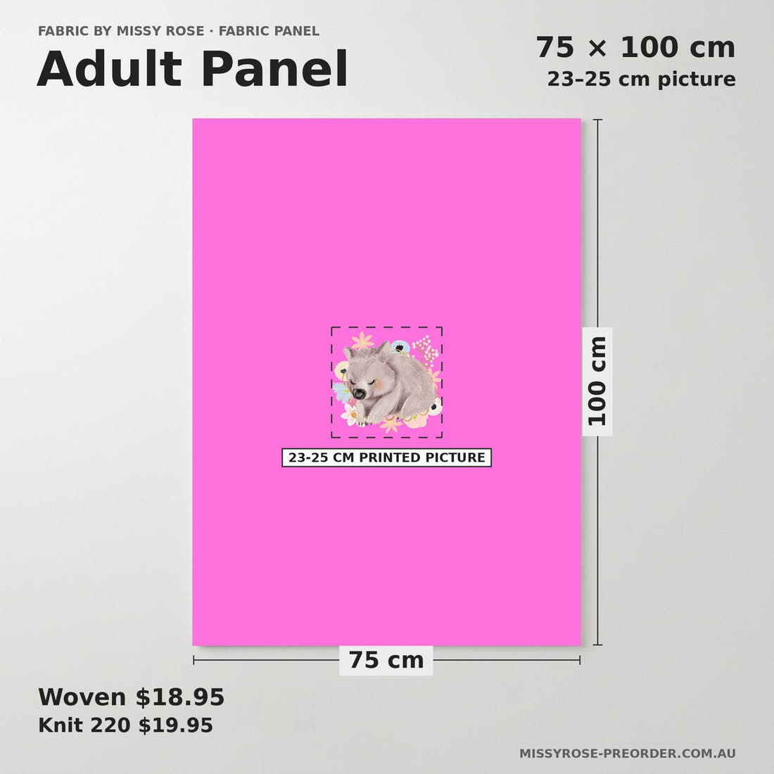 Design 1131 Wombat Panel adult panel sizing – 23–25 cm printed picture on 75 × 100 cm fabric | Fabric by Missy Rose