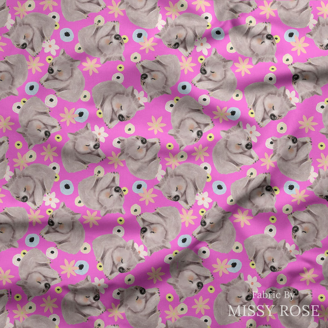 Design 1131 Wombat Fabric draped fabric mockup – custom printed fabric by the metre | Fabric by Missy Rose