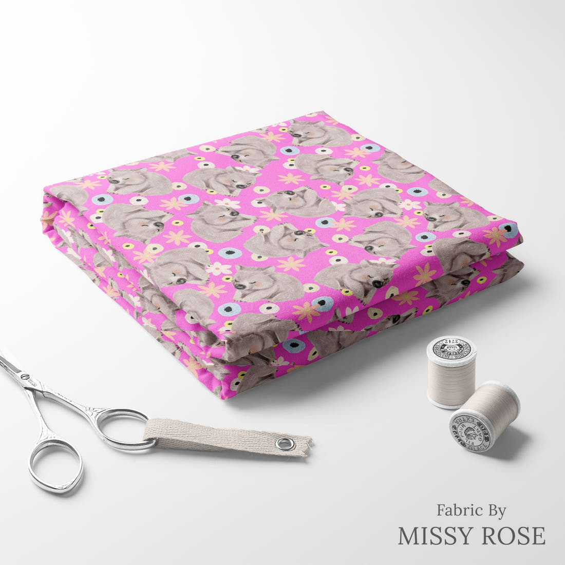 Design 1131 Wombat Fabric folded fabric stack with matching thread – pre-order fabric Australia | Fabric by Missy Rose