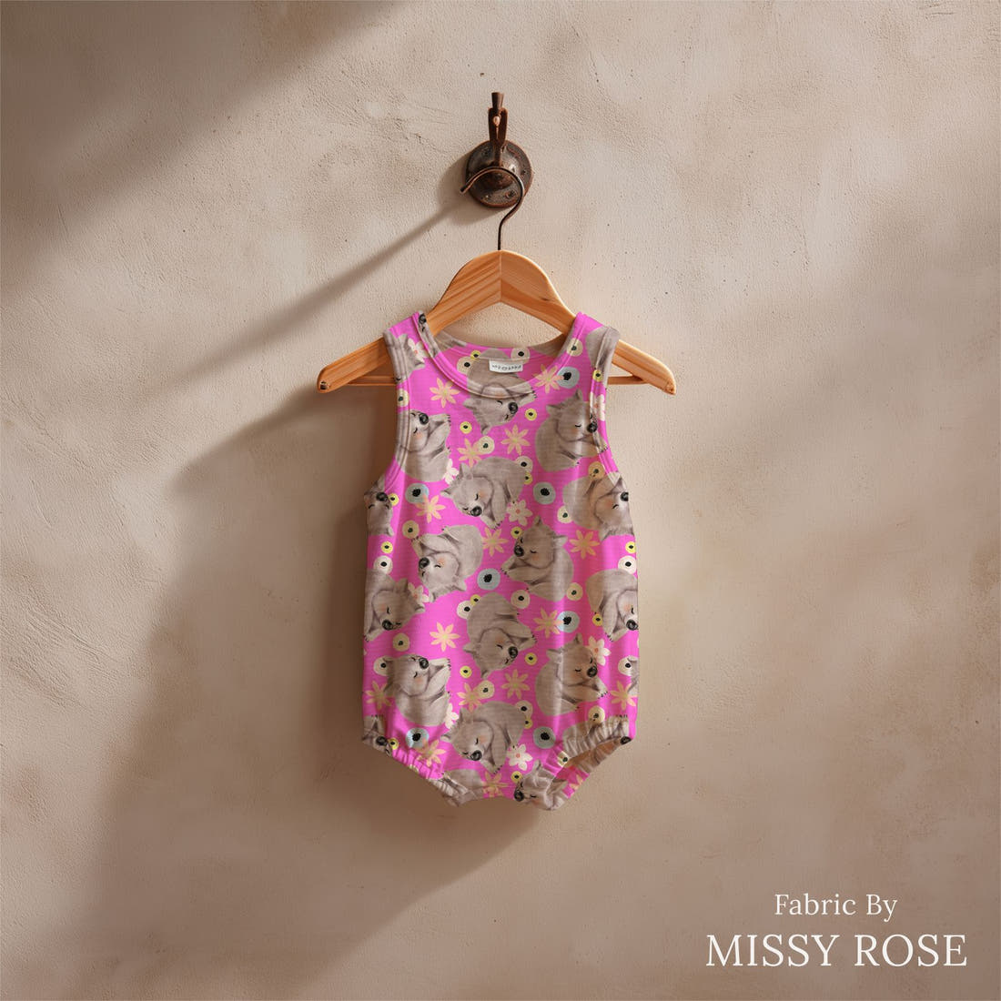 Design 1131 Wombat Fabric sewn into a baby romper – see how the print looks made up | Fabric by Missy Rose