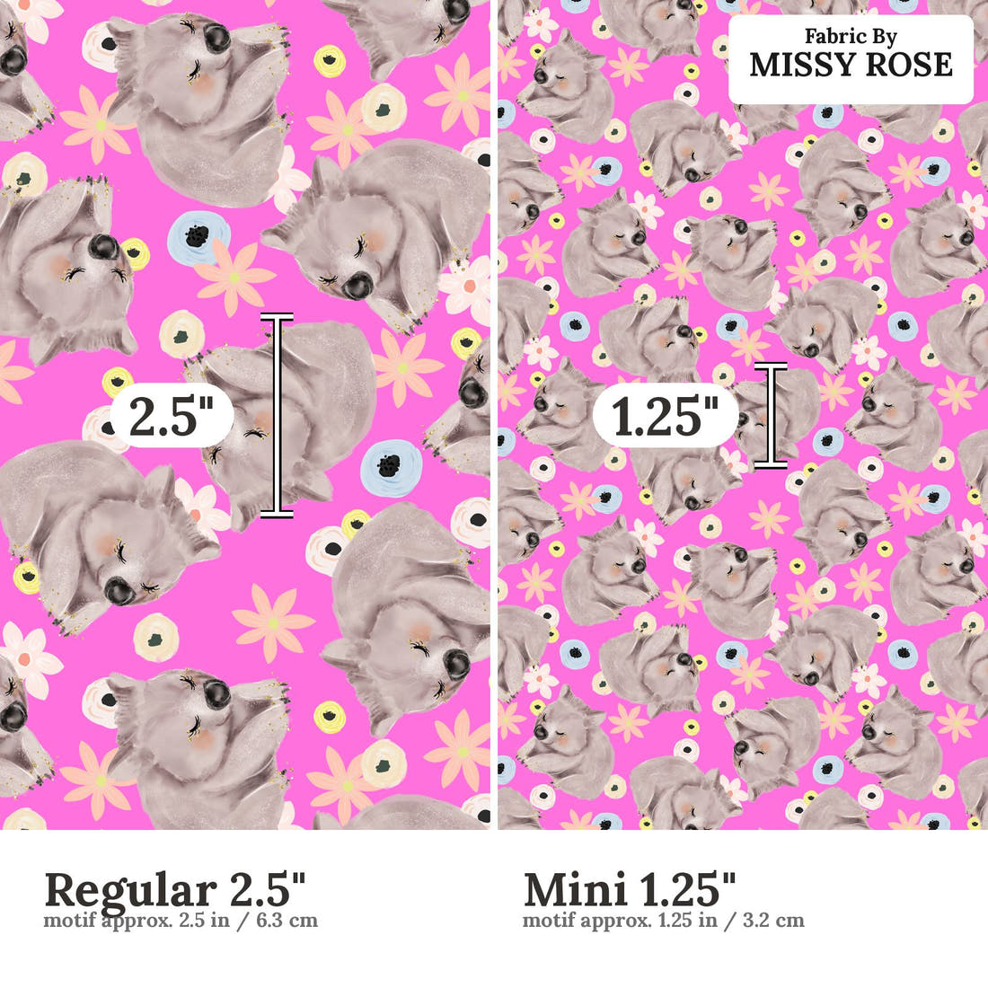 Design 1131 Wombat Fabric Regular 2.5 inch vs Mini 1.25 inch print scale side by side | Fabric by Missy Rose
