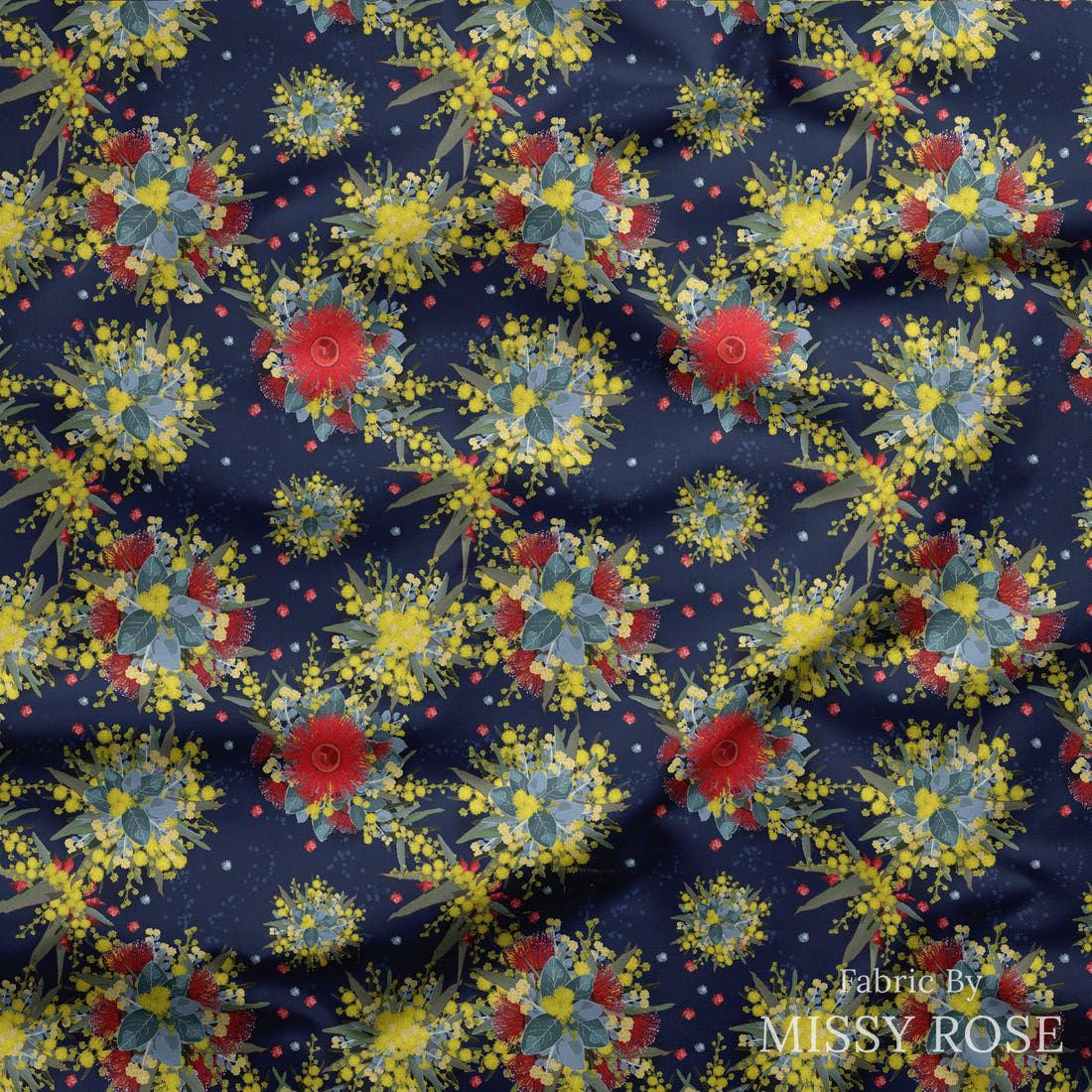 Design 1132 Australian Floral Fabric draped fabric mockup – custom printed fabric by the metre | Fabric by Missy Rose