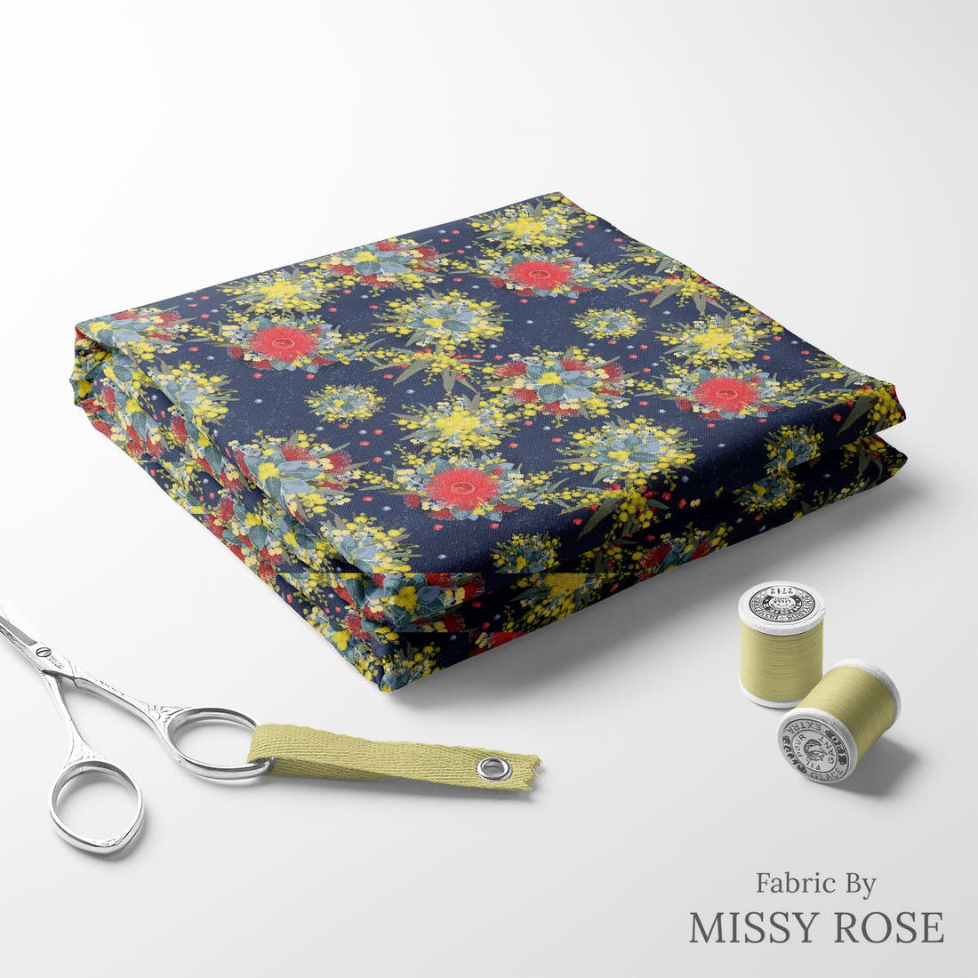 Design 1132 Australian Floral Fabric folded fabric stack with matching thread – pre-order fabric Australia | Fabric by Missy Rose