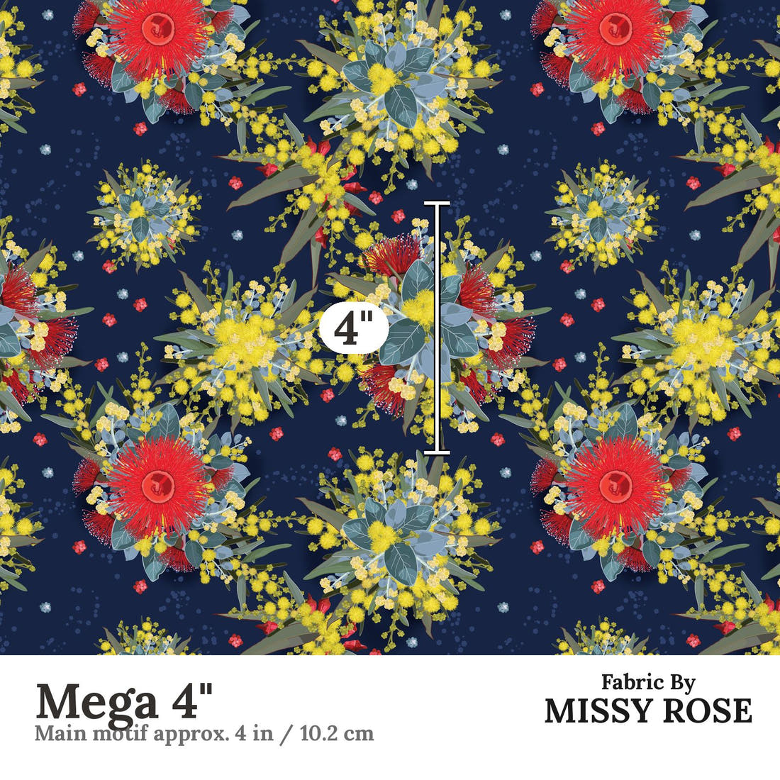 Design 1132 Australian Floral Fabric Mega 4 inch print scale guide | Fabric by Missy Rose