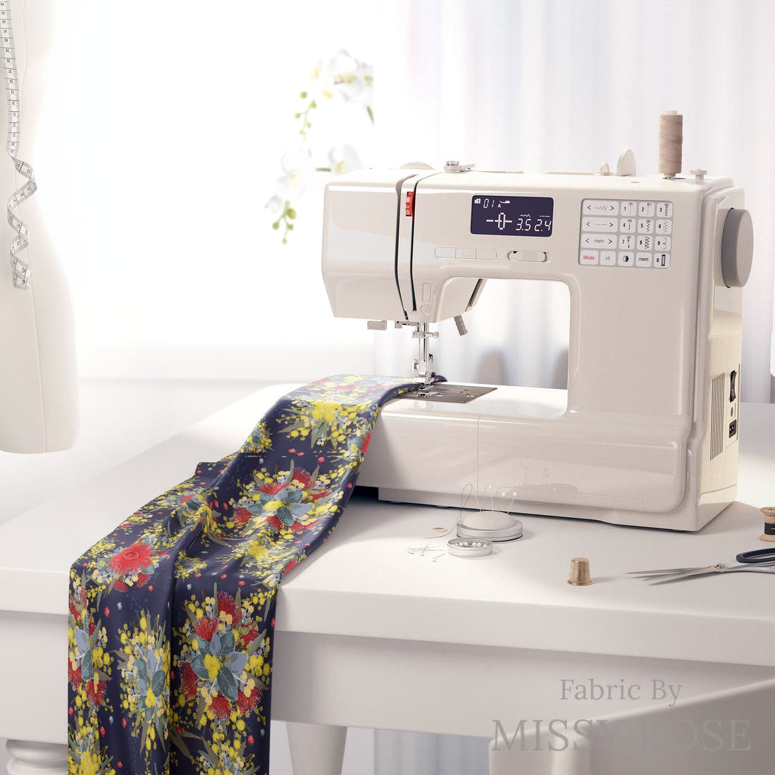 Design 1132 Australian Floral Fabric on a sewing machine – premium fabric for sewing projects | Fabric by Missy Rose
