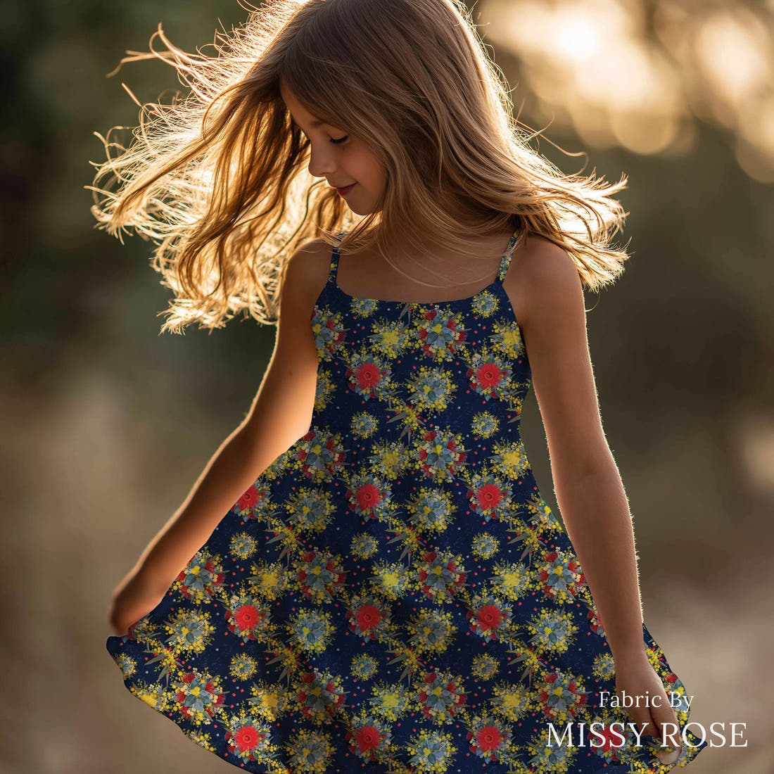 Design 1132 Australian Floral Fabric sewn into a girls' dress – see how the print looks made up | Fabric by Missy Rose