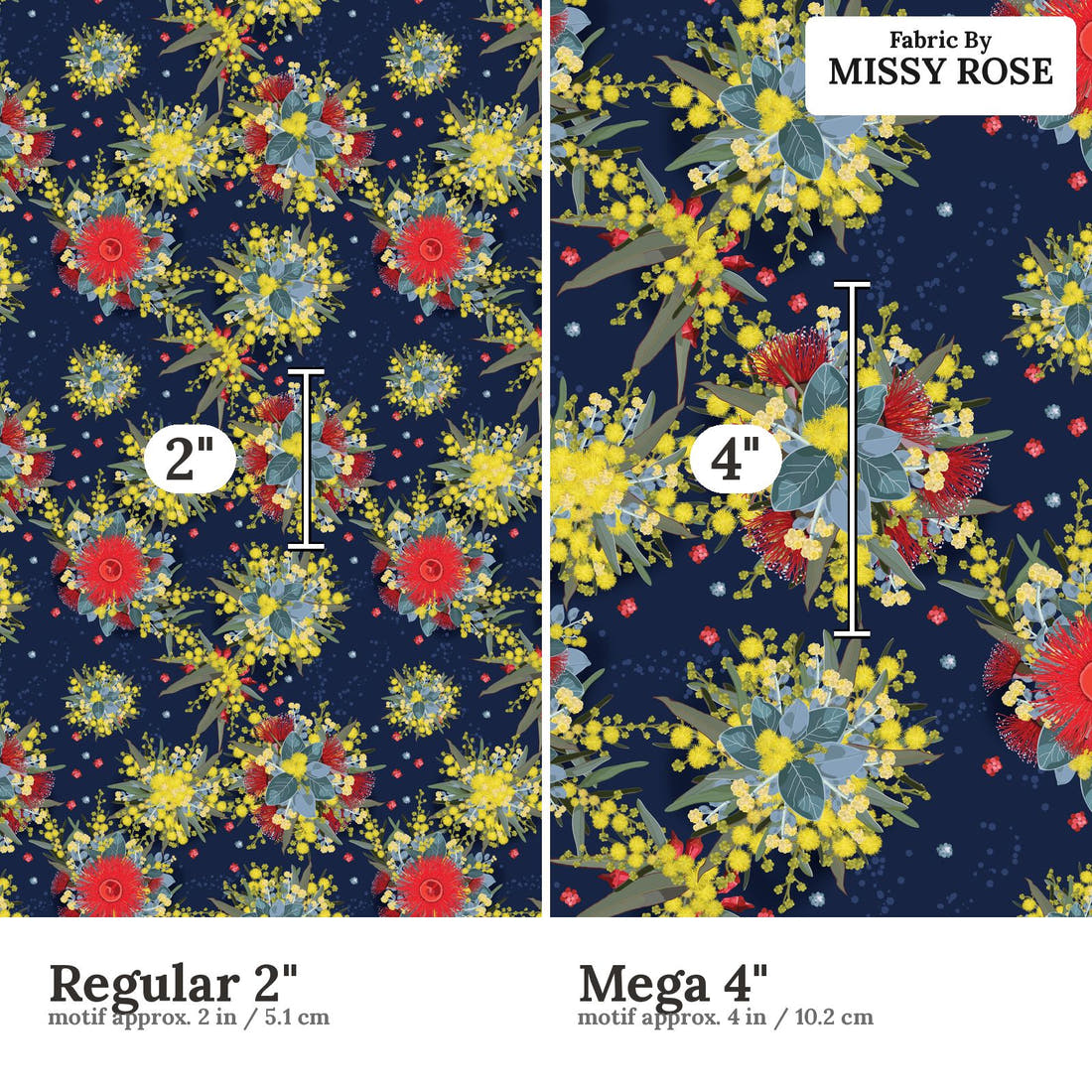 Design 1132 Australian Floral Fabric Regular 2 inch vs Mega 4 inch print scale side by side | Fabric by Missy Rose